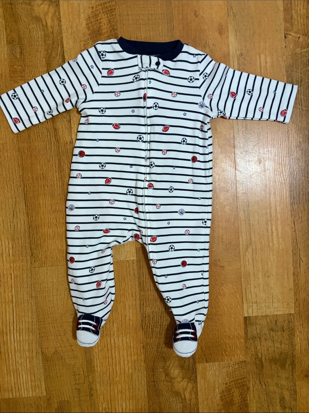 Little Me Navy Striped Sports 100% Cotton Sleeper Footie and Hat Set